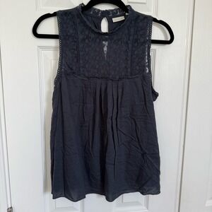 Hinge Navy Blue Sleeveless Detailed Lace‎ Peplum Top Cotton Modal Womens Med EUC